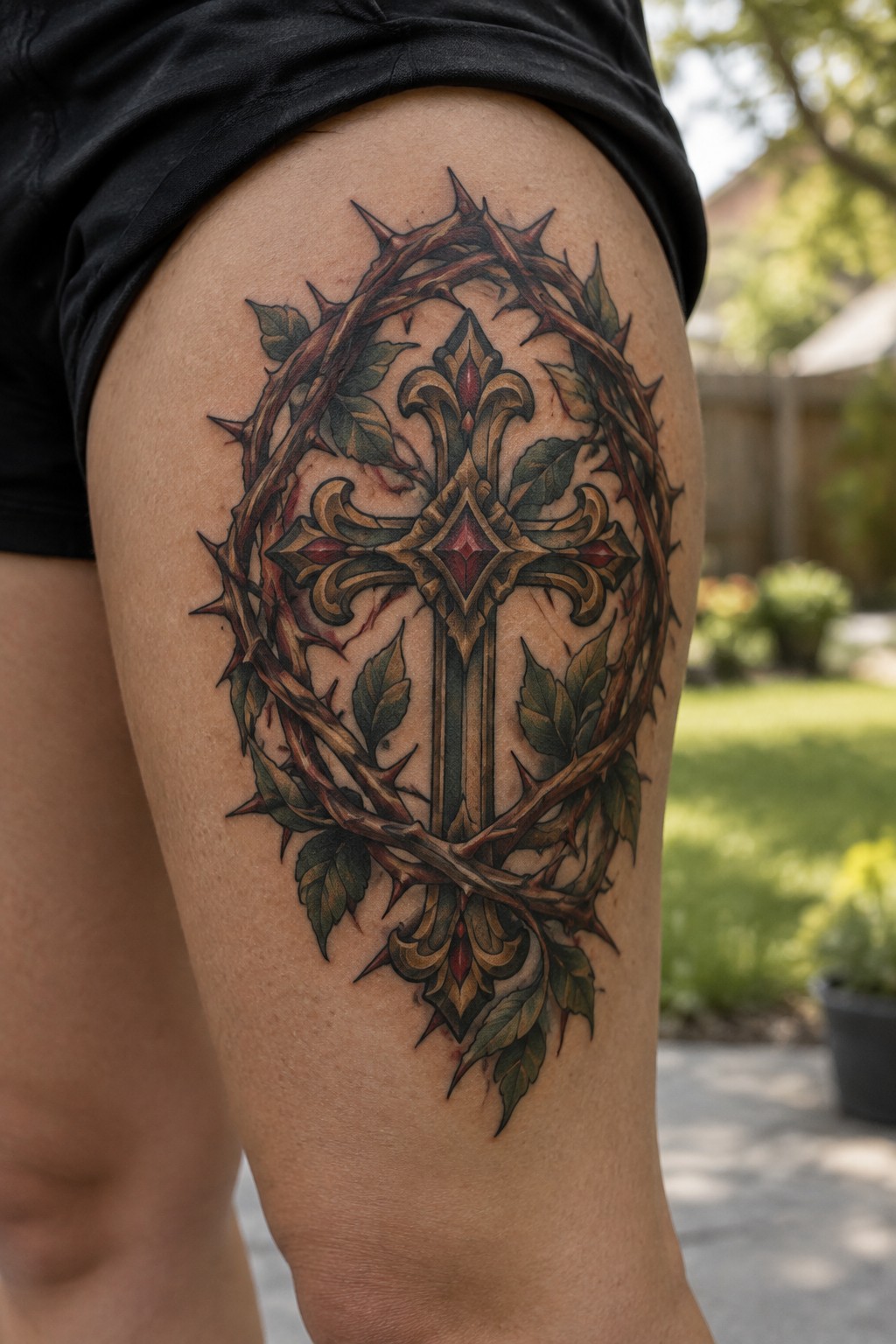 Ornate cross tattoo with thorny crown and green leaves on thigh