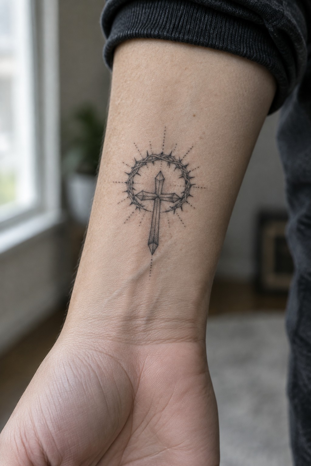 Black cross and crown of thorns tattoo on wrist below dark gray sleeve