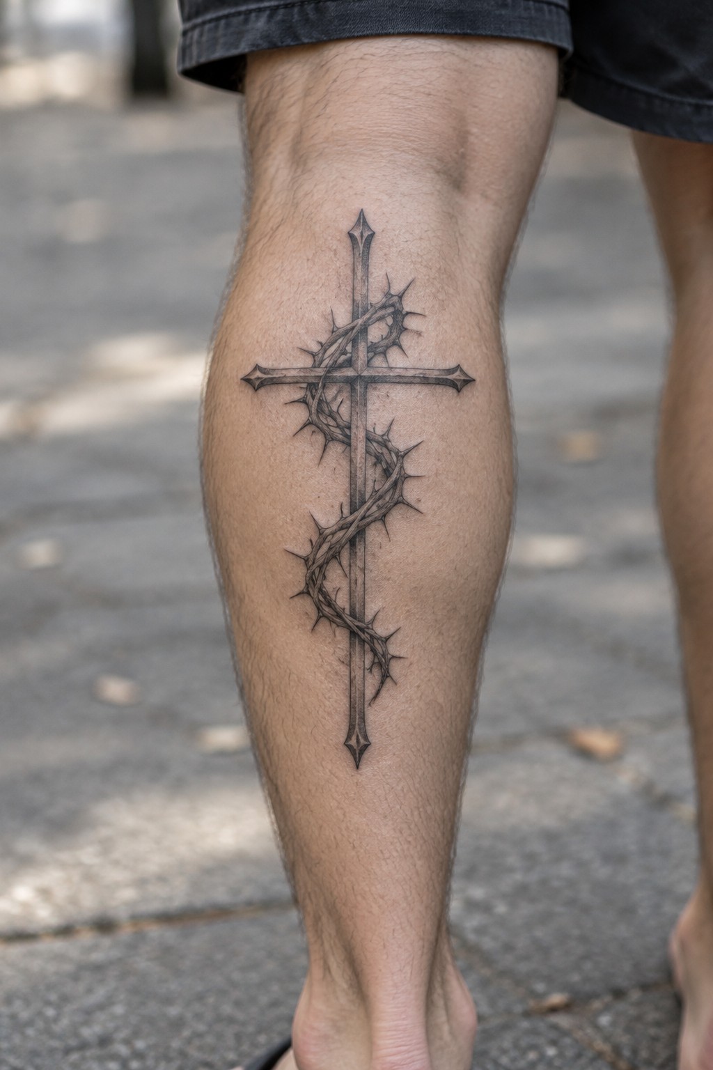 Black and grey cross with thorns tattoo on hairy leg in shorts