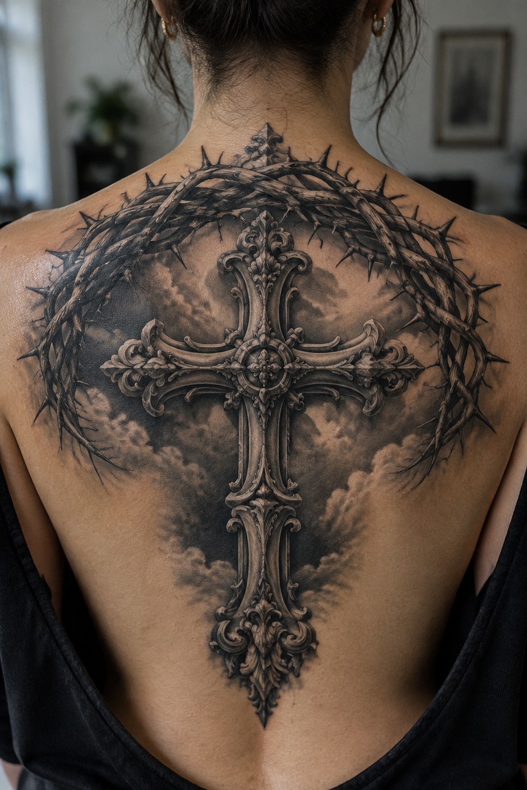 Ornate cross with crown of thorns tattoo across person's back over black top