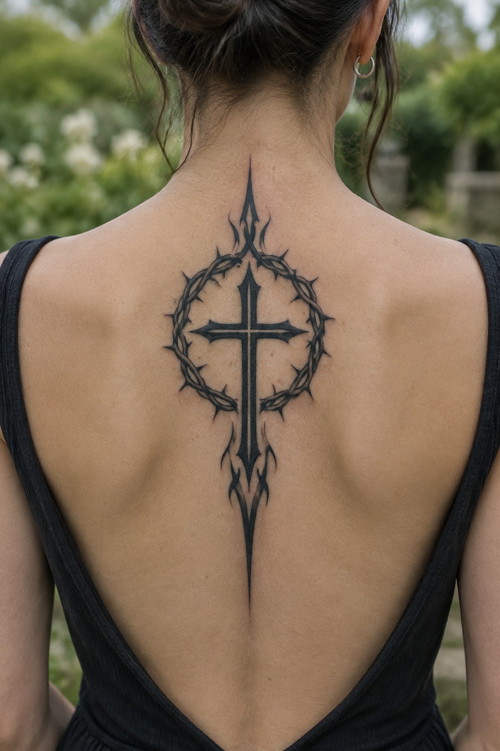 Black ink tattoo of a cross encircled by a crown of thorns, placed vertically down the center of a woman's upper back.