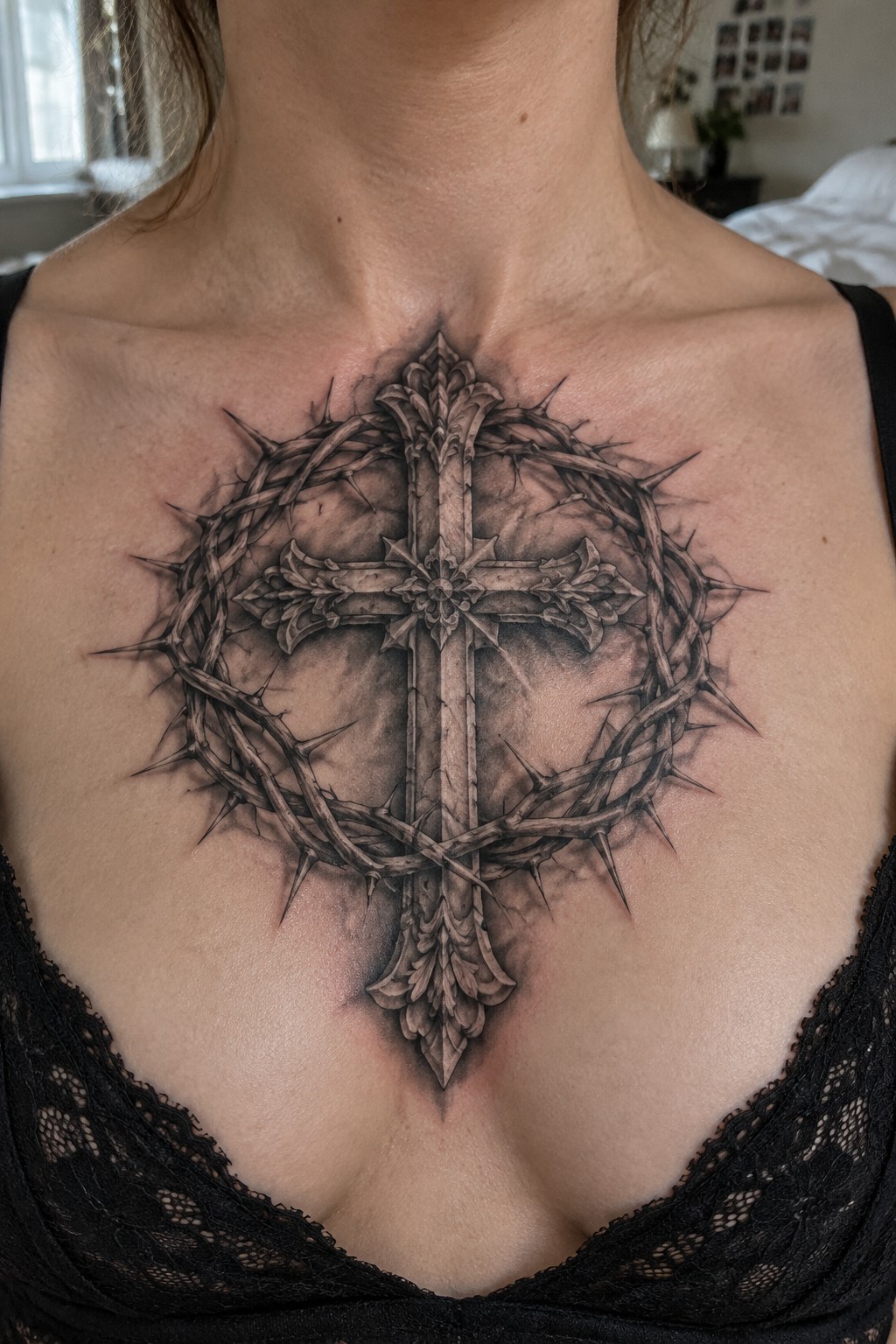 Realistic black and grey chest tattoo showing an ornate cross wrapped in a crown of thorns, centered on the upper chest.
