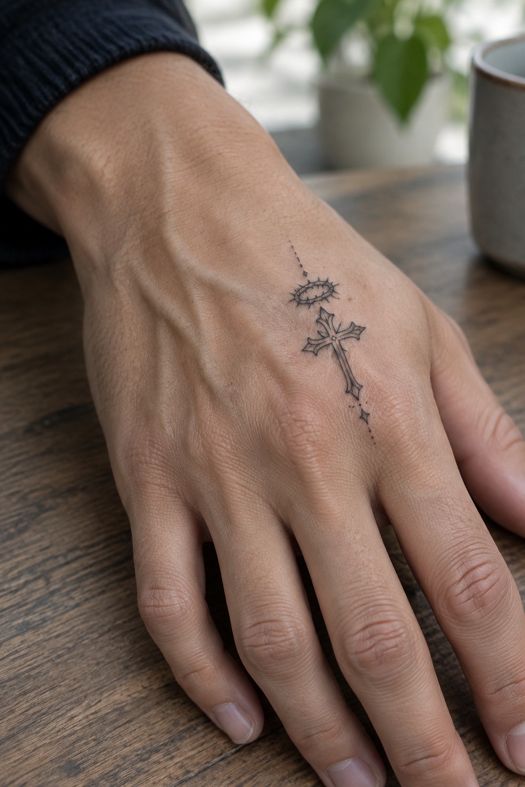Hand with black cross and crown of thorns tattoo resting on wooden table