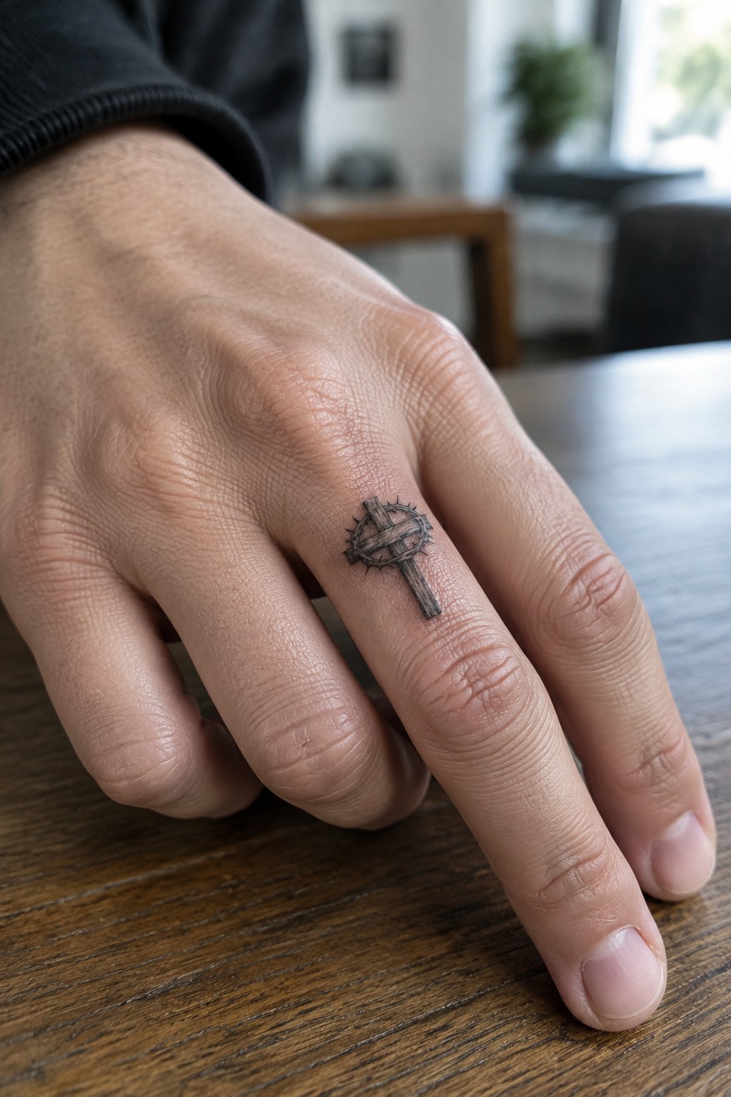 Small realistic tattoo of a cross encircled by thorns on the side of a ring finger.
