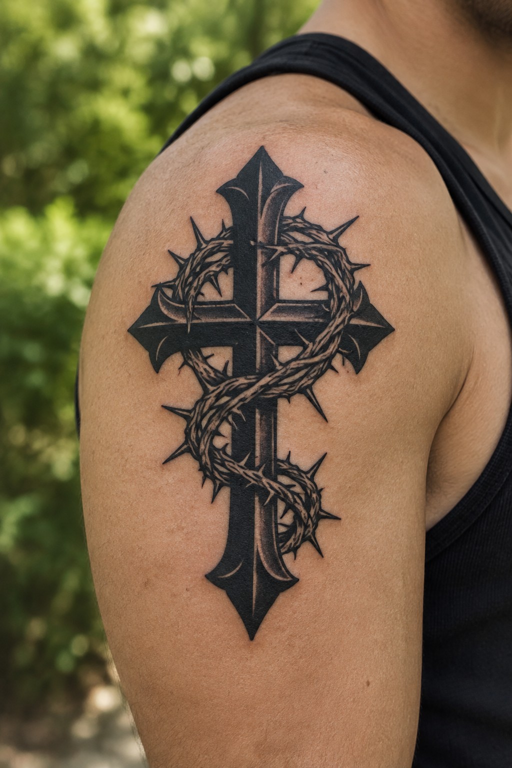 Black cross with crown of thorns tattoo on shoulder over black tank top
