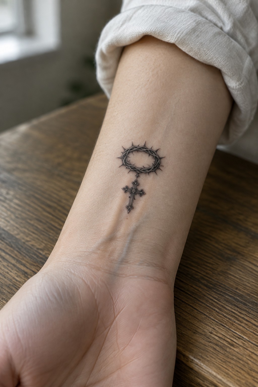 White sleeve rolled up over crown of thorns and cross wrist tattoo
