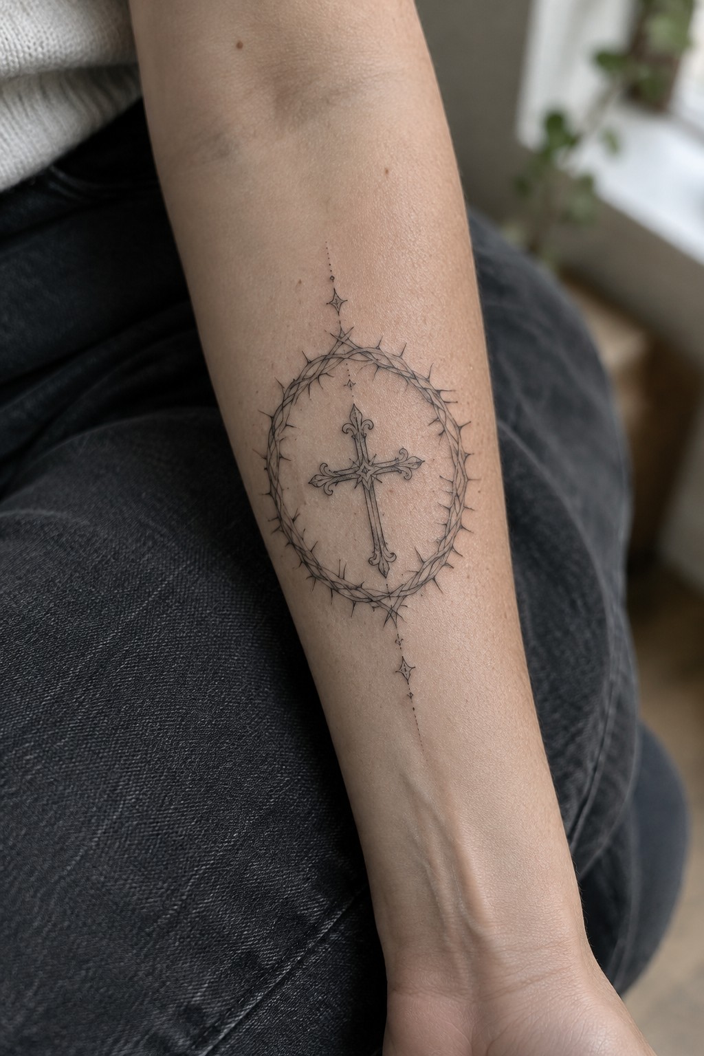 Fine line tattoo on the inner forearm with a crown of thorns around an ornate cross and a vertical line of stars and dots.