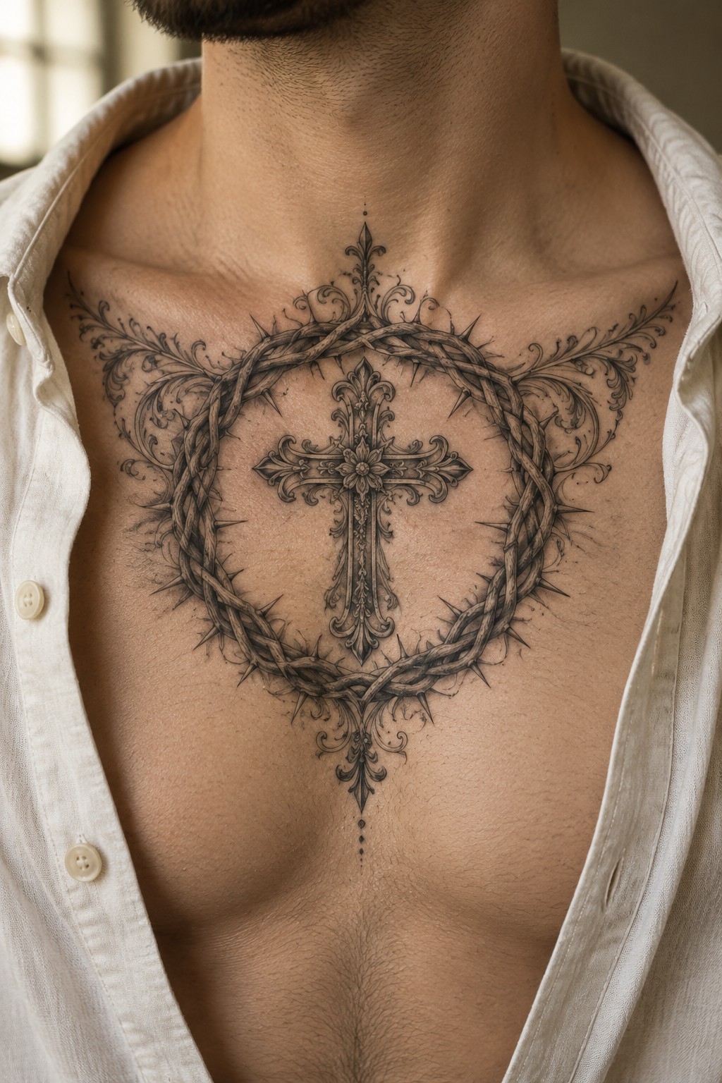 Ornate cross and crown of thorns tattoo on man's chest with open white shirt.