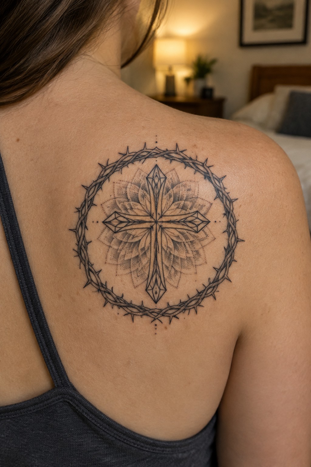 Woman's shoulder with ornate cross and crown of thorns tattoo in bedroom