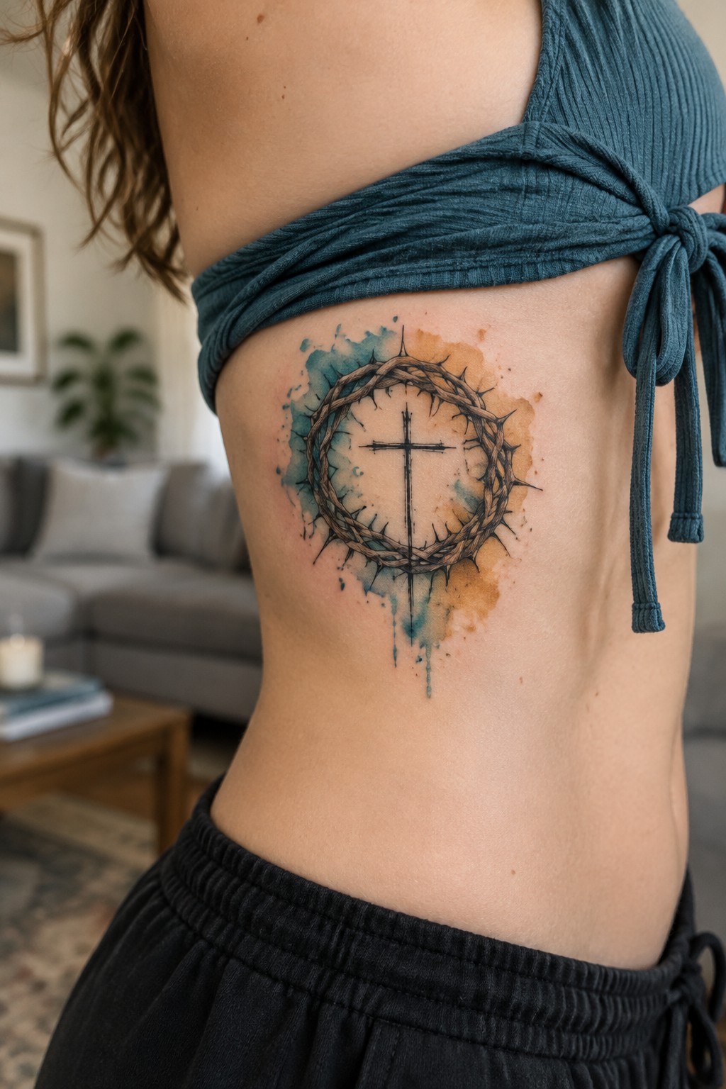 Woman in teal knotted top shows crown of thorns cross tattoo on ribs