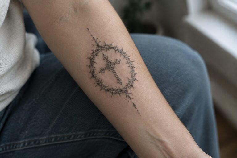 19 Crown of Thorns Tattoos Featuring Intricate Cross Motifs Fine line tattoo on the inner forearm with a crown of thorns around an ornate cross and a vertical line of stars and dots.