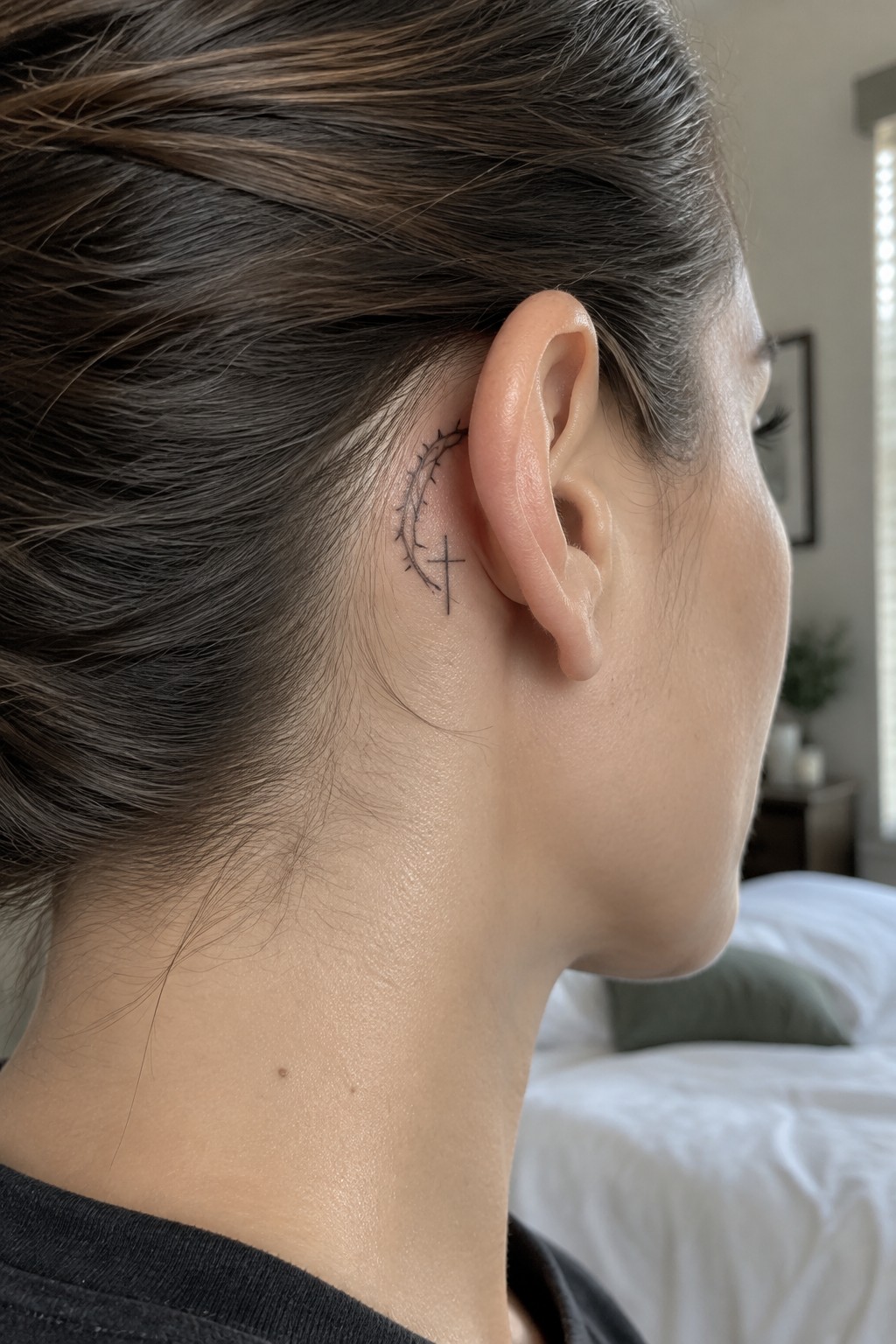 Side profile of woman with black crown of thorns and cross tattoo behind ear