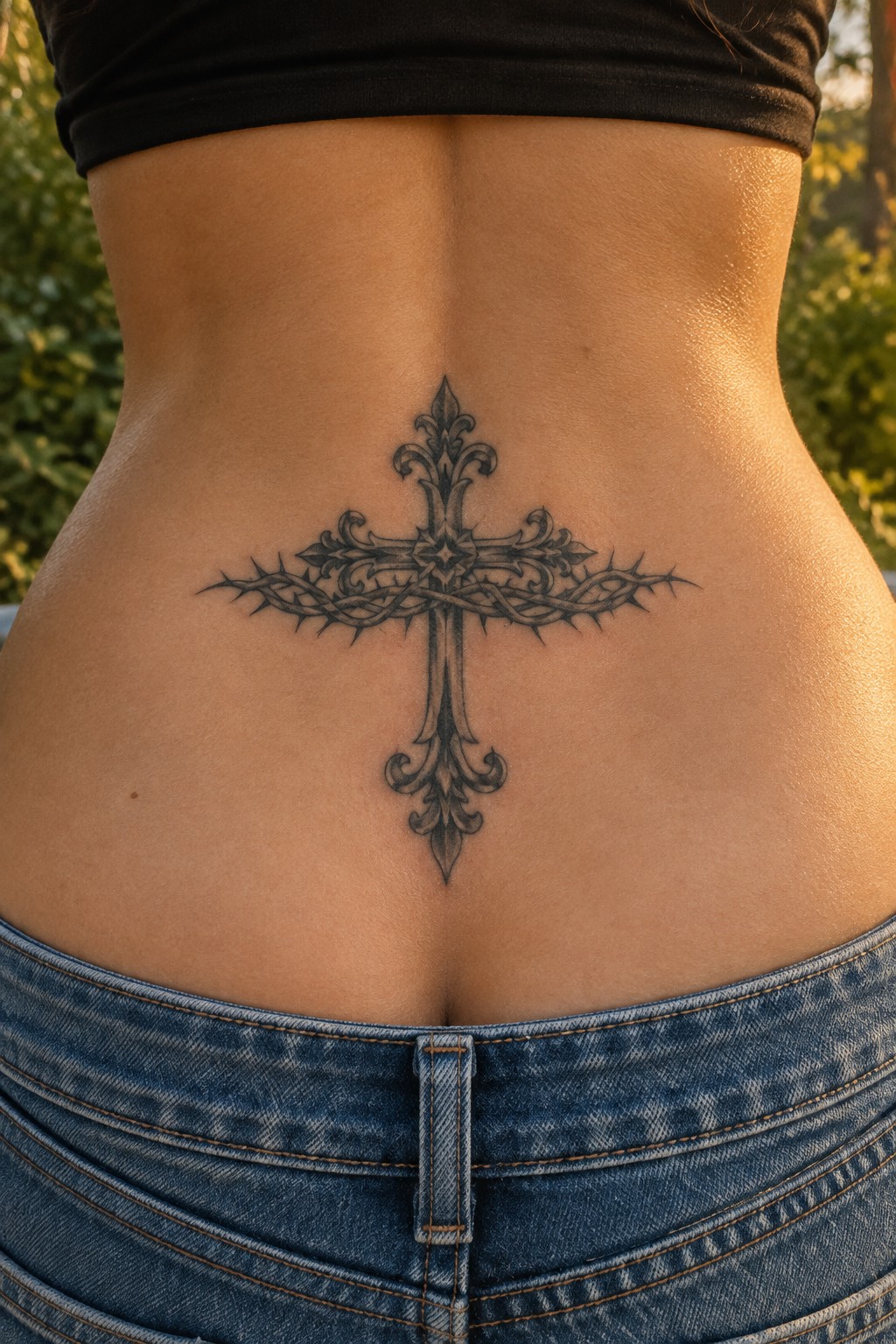 Ornate black and gray cross tattoo with crown of thorns wrapped around the center on a person's lower back