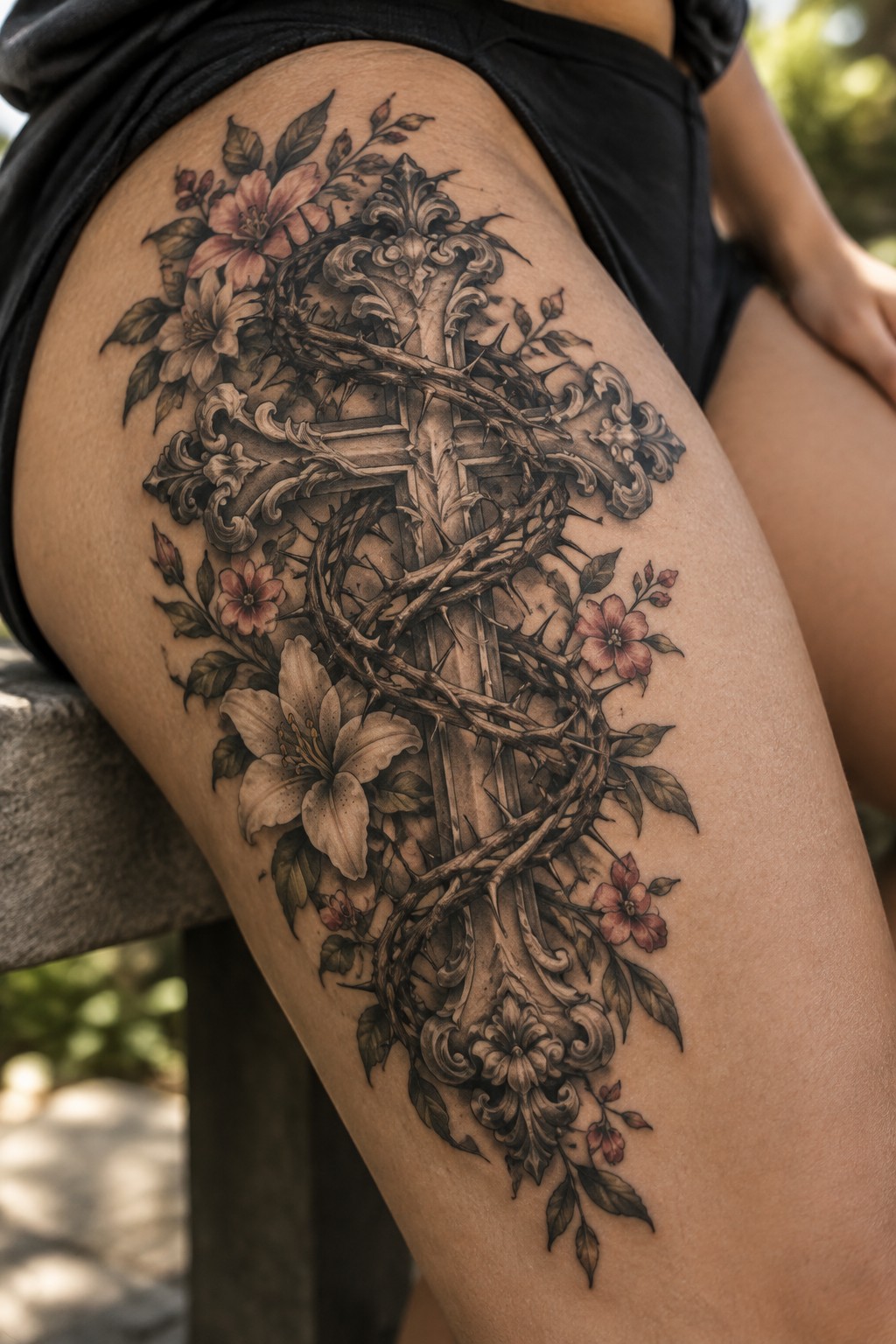 Large black and grey thigh tattoo showing an ornate cross wrapped in crown of thorns with surrounding flowers in soft pink tones