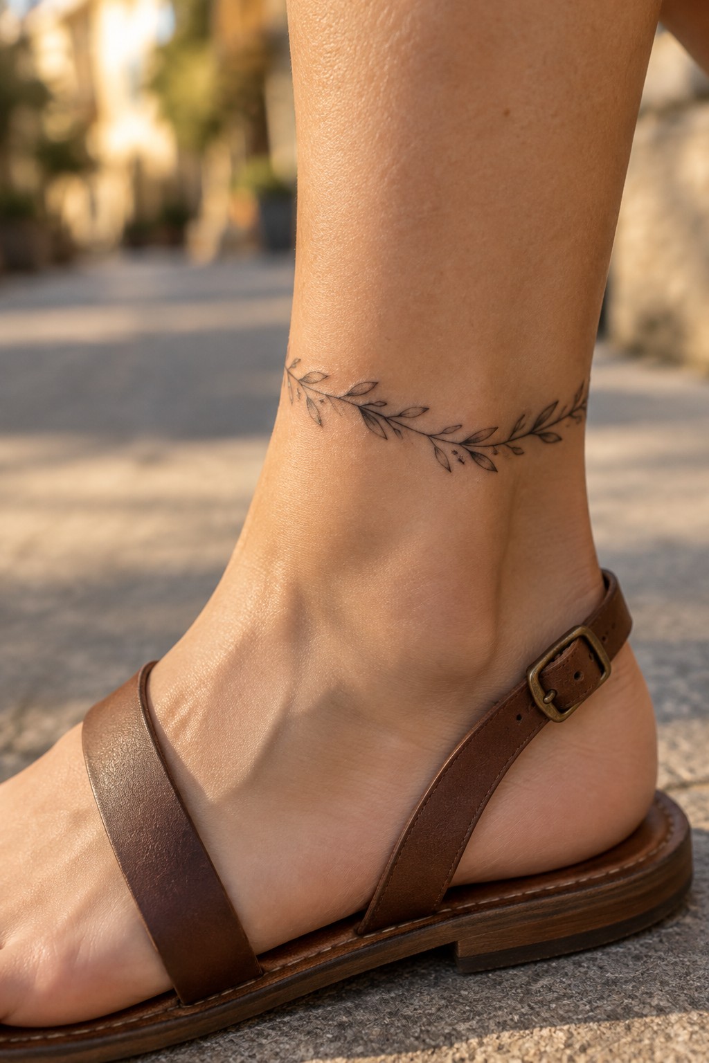 Fine-line leafy branch tattoo wrapping around a woman’s ankle above a brown sandal.