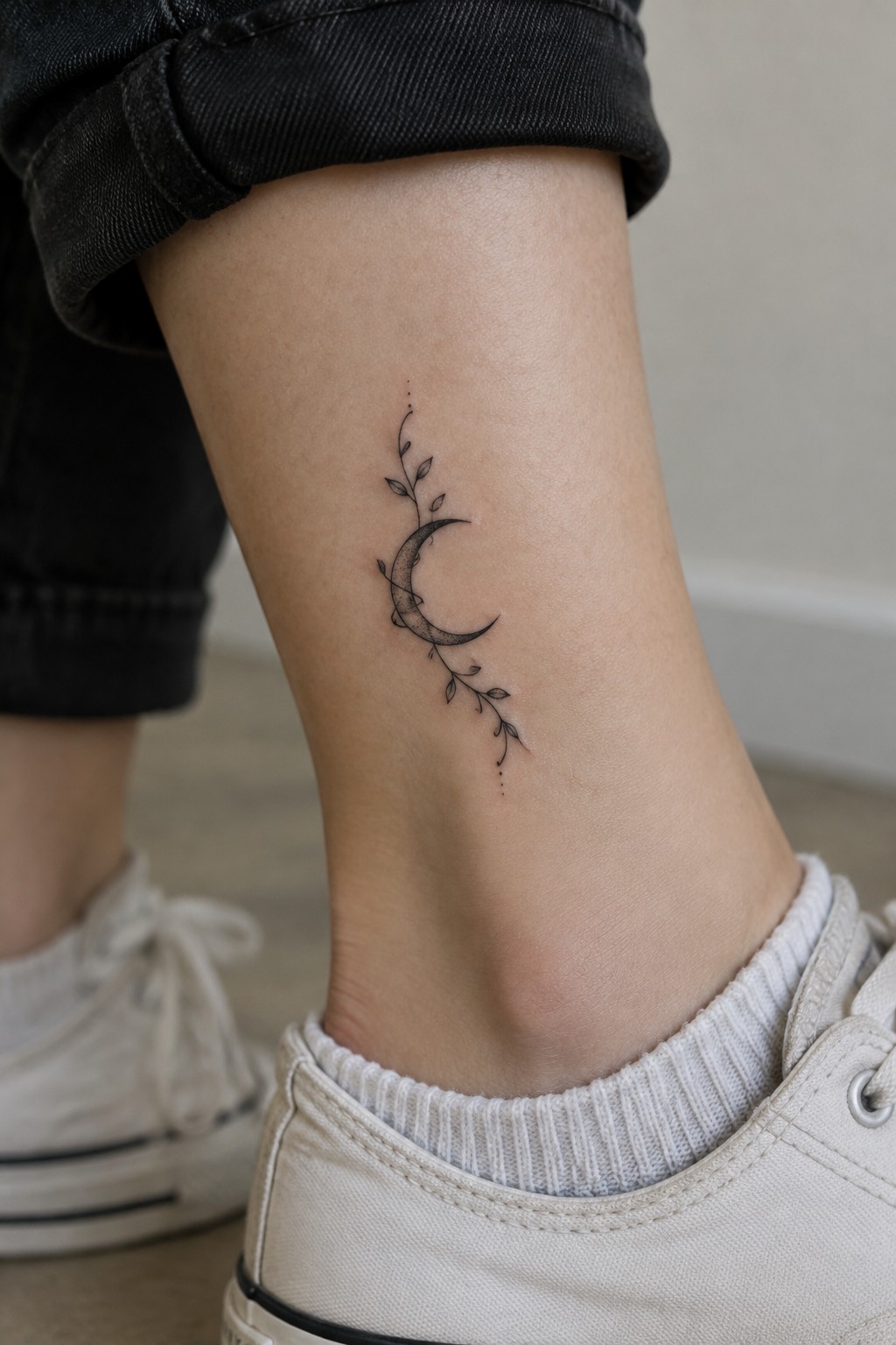 Fine-line crescent moon tattoo with small leafy sprigs on the side of an ankle.
