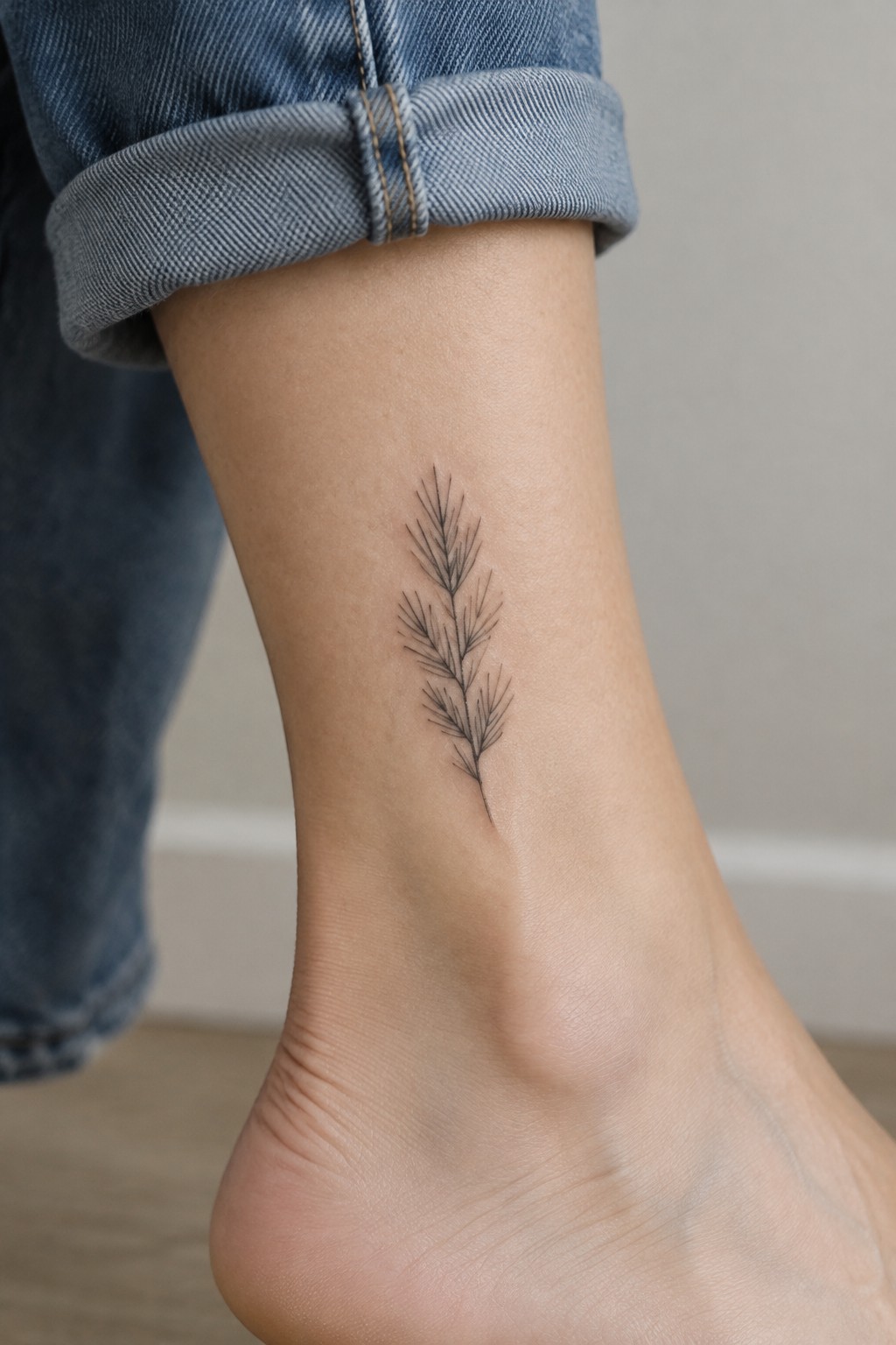 Fine-line tattoo of a small grass sprig on the inner ankle above the heel.
