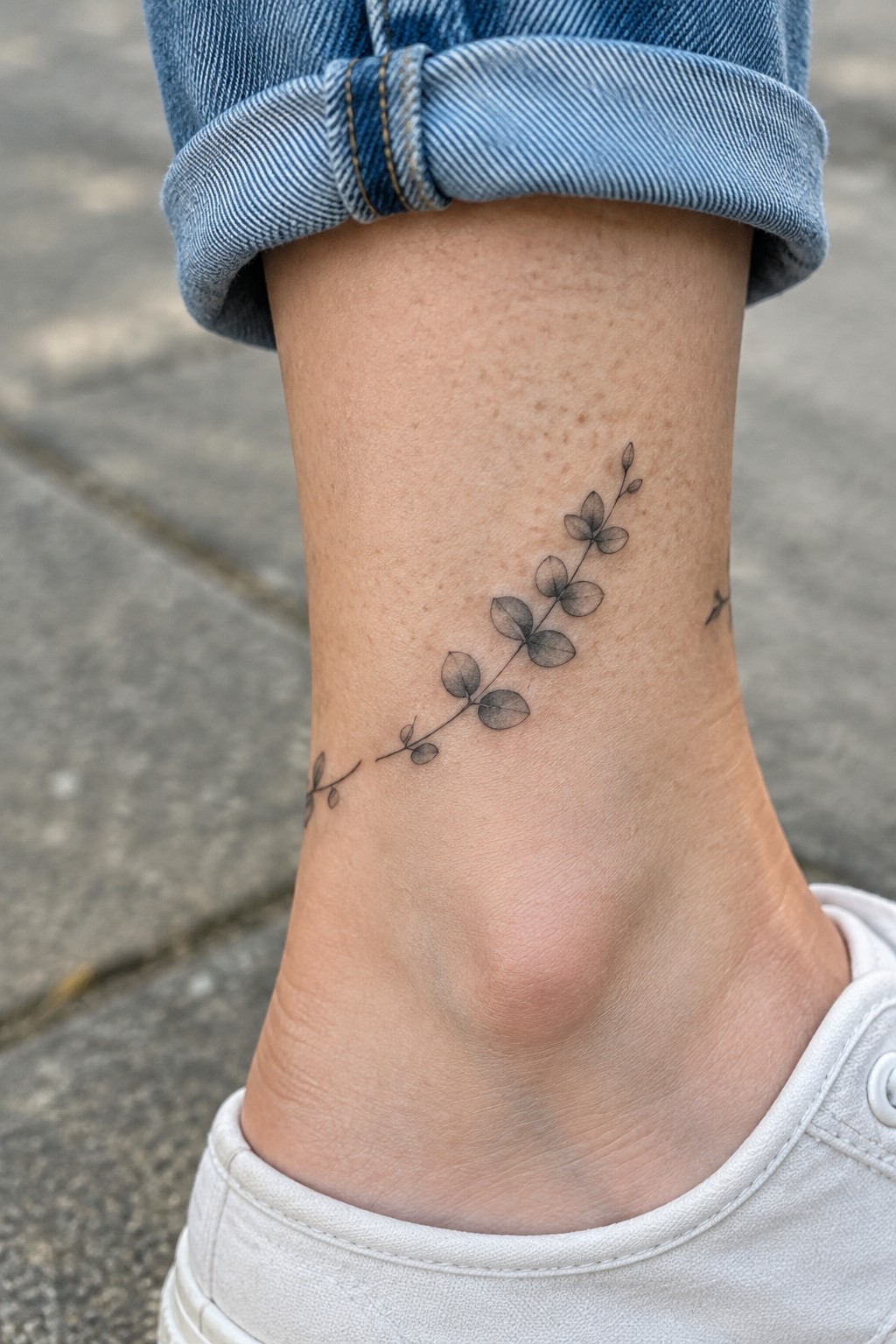 Fine-line leafy stem tattoo placed diagonally above the ankle.