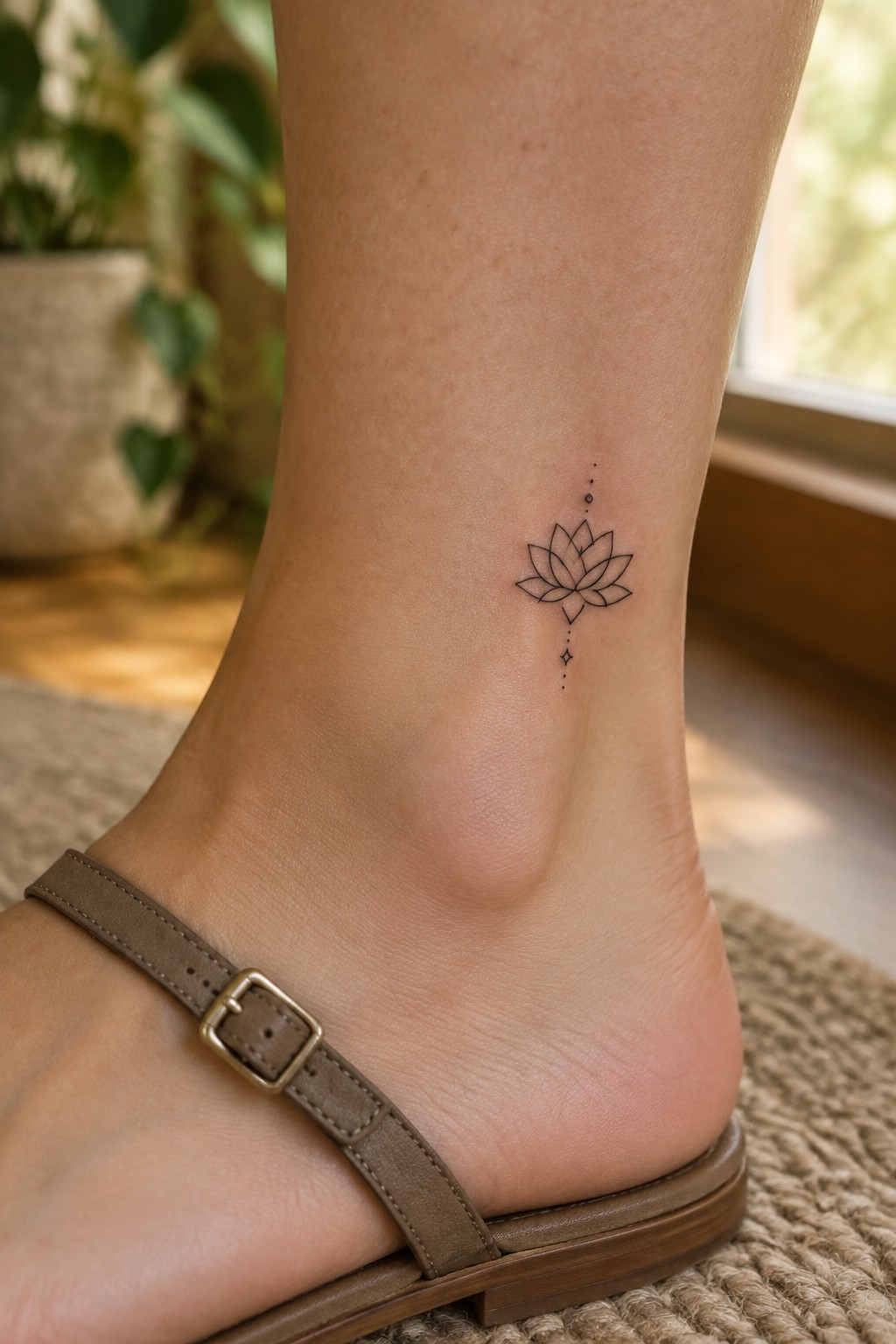Fine-line lotus tattoo with small dots and a star above a brown sandal strap on the ankle.