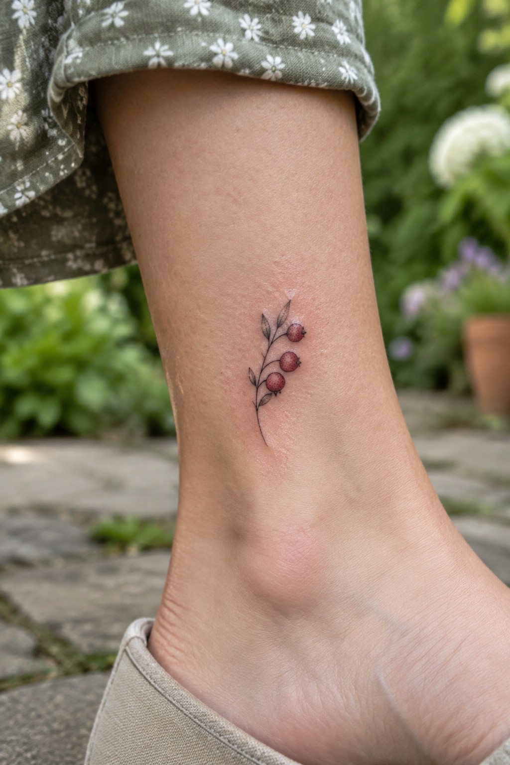 Small fine-line ankle tattoo of a leafy stem with three red berries.