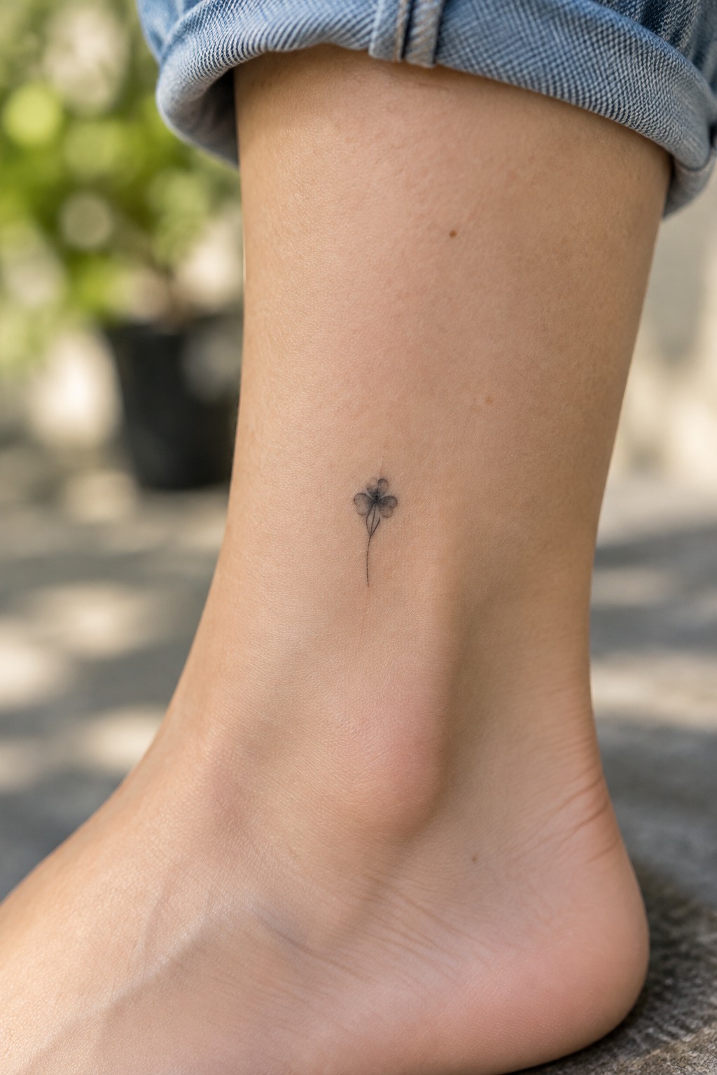Tiny shaded clover tattoo with a fine-line stem on the inner ankle.