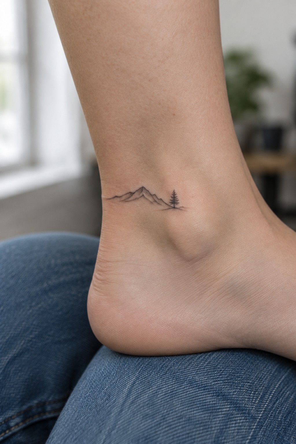 Tiny fine-line mountain range and pine tree tattoo on the inner ankle.