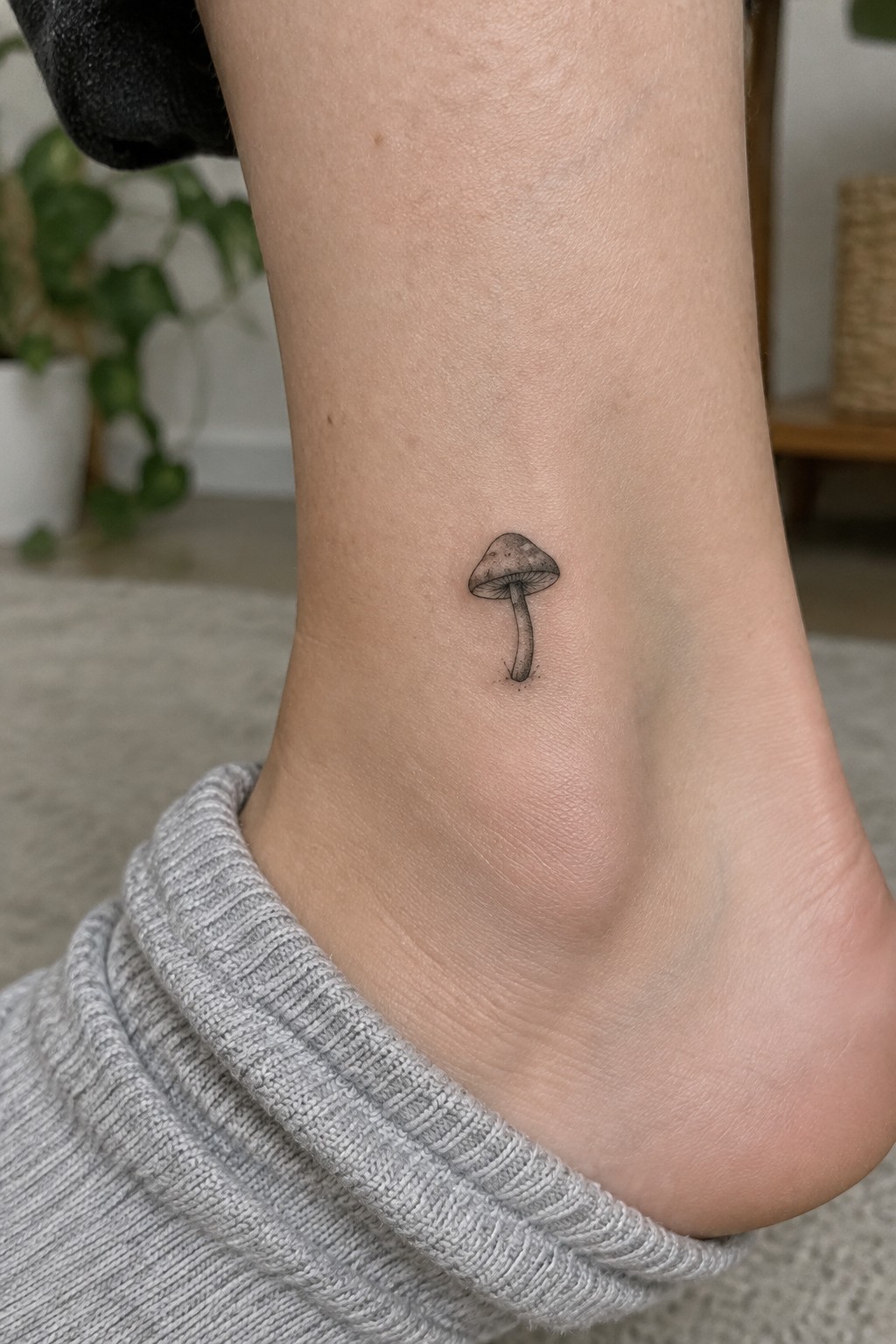 Tiny black-and-gray mushroom tattoo above the heel, with a shaded cap and curved stem.