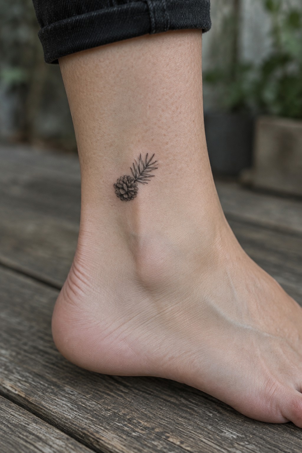 Small black and gray pinecone and evergreen sprig tattoo on the outer ankle.
