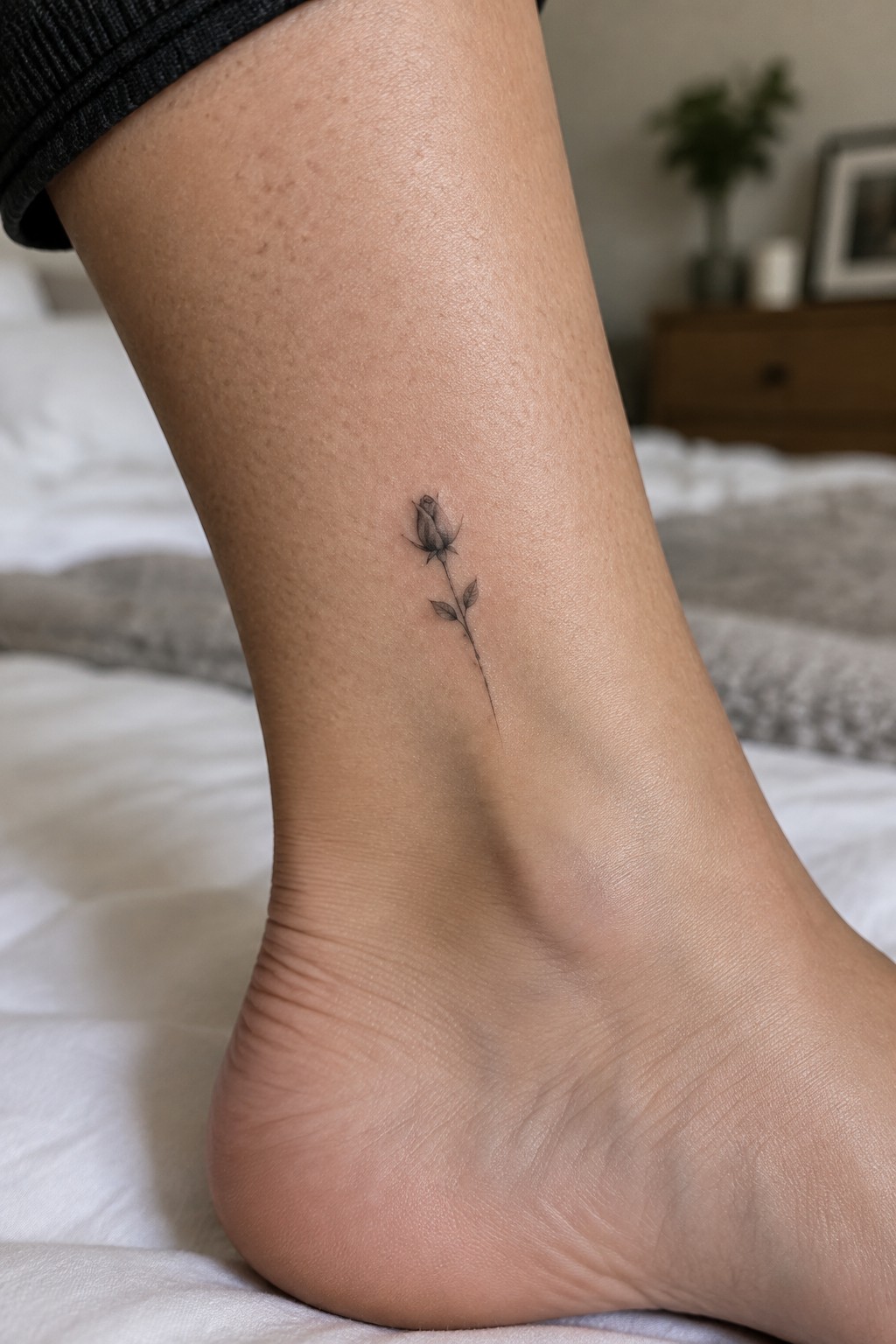 Small fine-line black rosebud tattoo on a slender stem above the ankle.