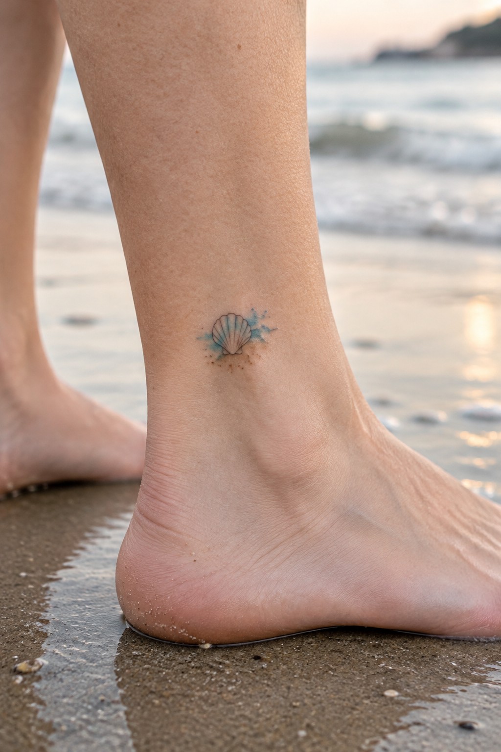 Tiny seashell tattoo with a blue watercolor accent on the inner ankle at the beach.