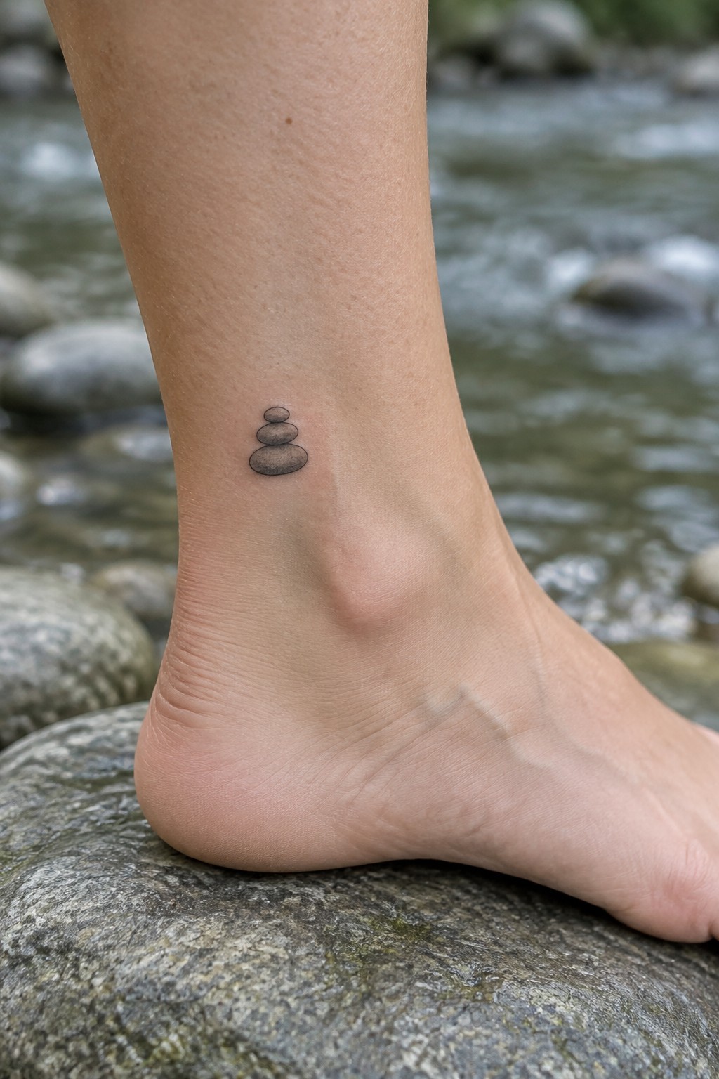 Three tiny shaded stones stacked in a fine-line tattoo on the outer ankle.