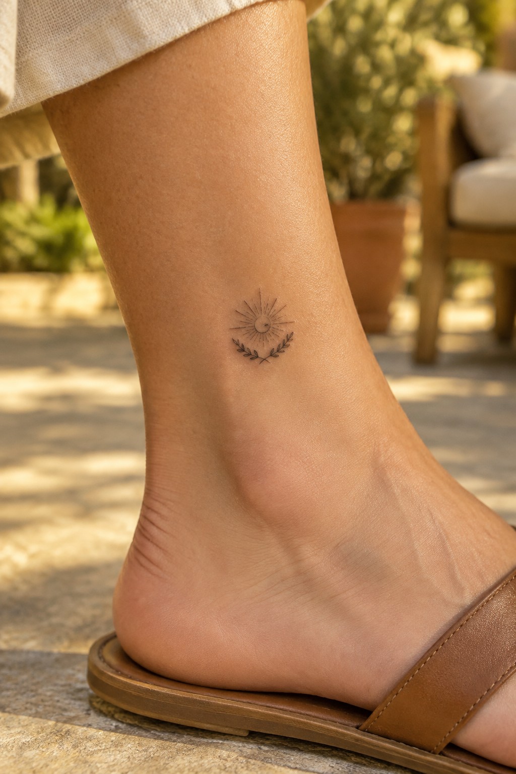 Small fine-line tattoo of a sun above a curved leafy sprig on the inner ankle.