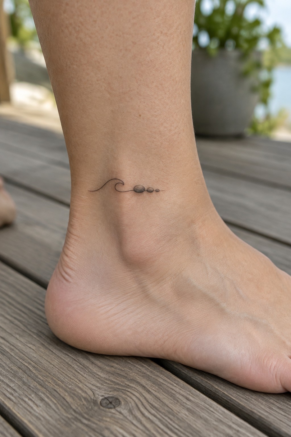 Fine-line ankle tattoo of a small wave leading into three shaded pebbles.