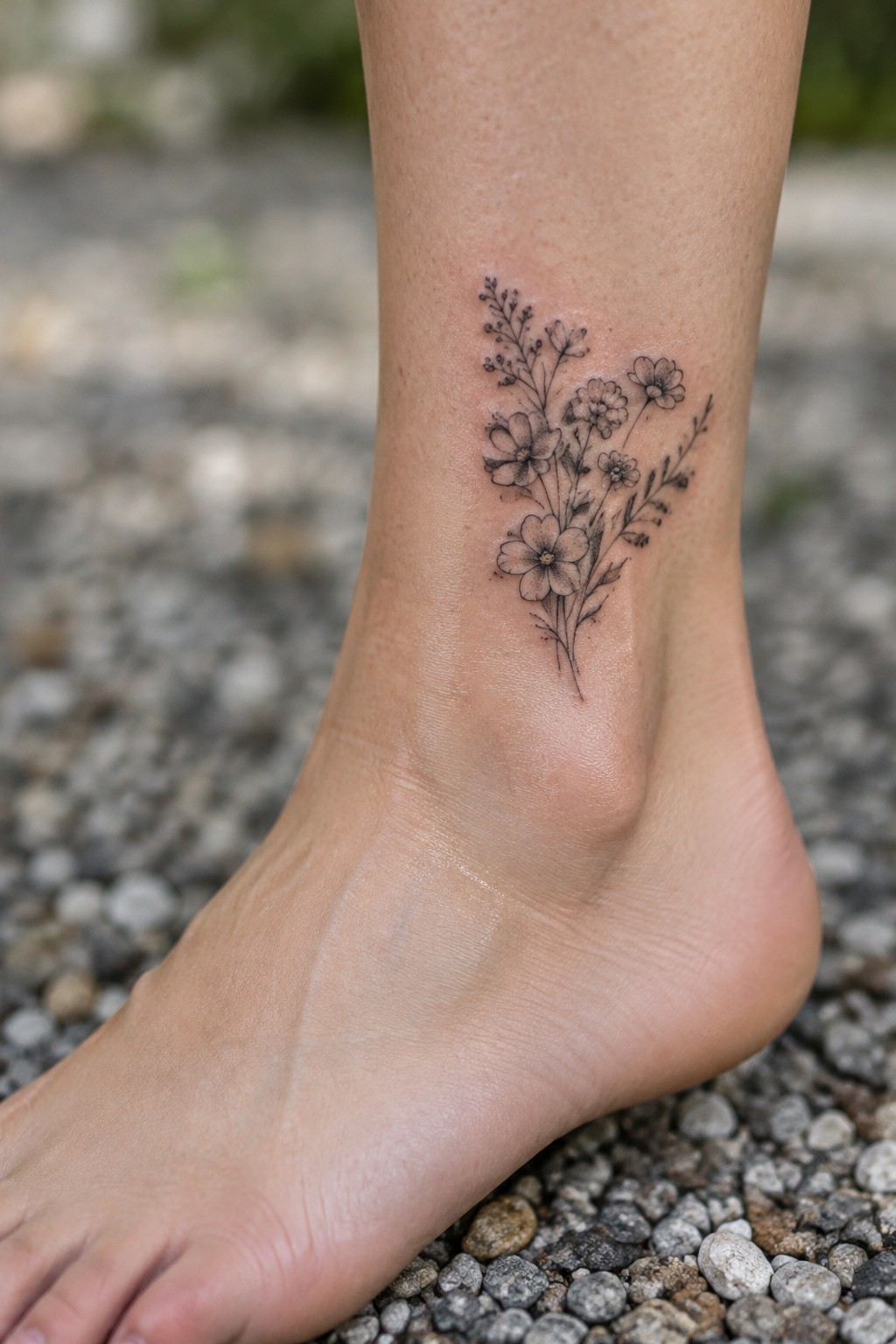 Fine-line black wildflower tattoo with small shaded blooms on the inner ankle.