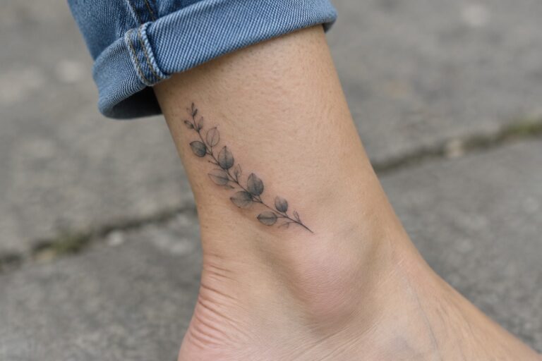 22 Dainty Ankle Tattoos for Women Using Tiny Nature Inspired Designs Fine-line leafy stem tattoo placed diagonally above the ankle.