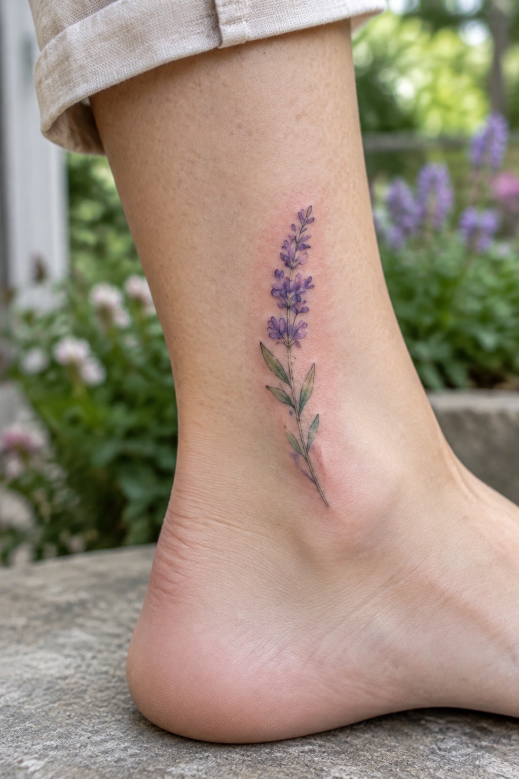 Fine-line purple lavender sprig tattoo on the inner ankle, extending upward from the heel.