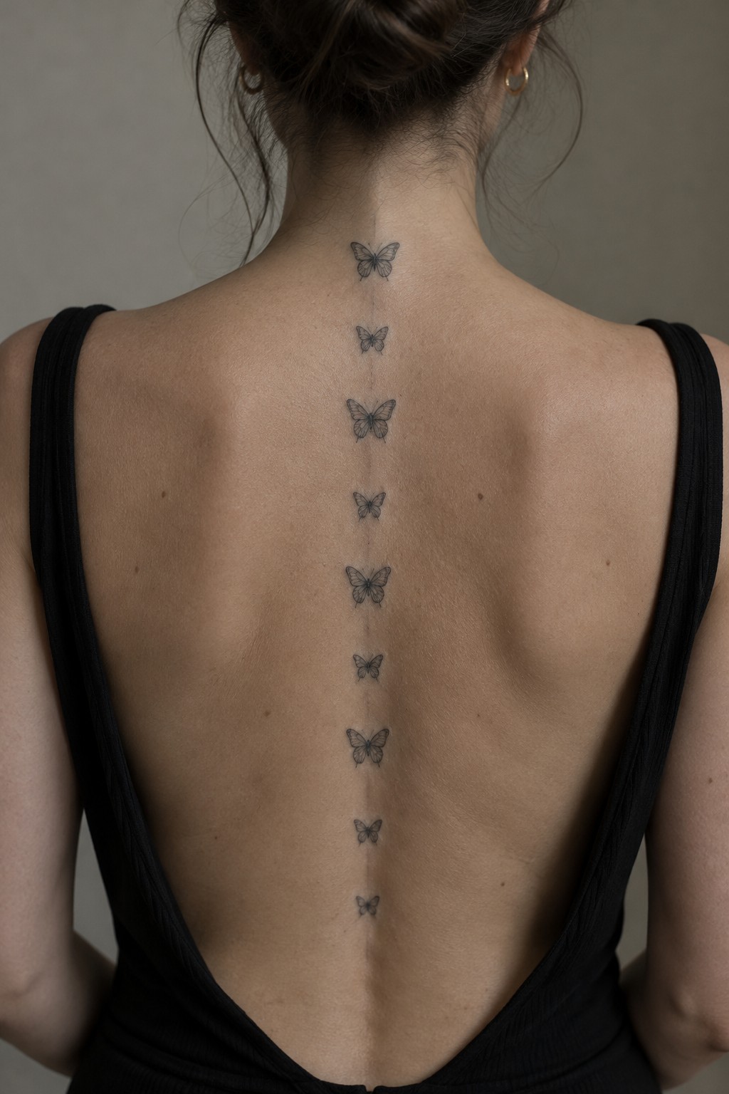 A woman with a vertical line of small fine-line butterfly tattoos down the center of her back.