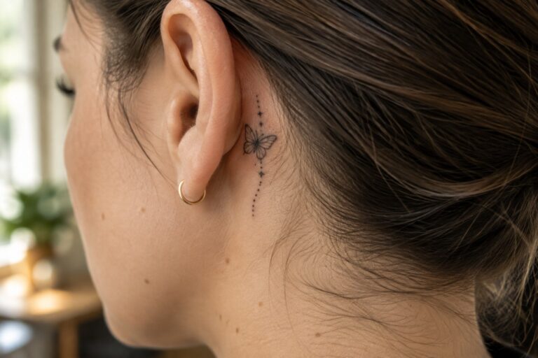 Small fine-line butterfly tattoo with a dotted trail and tiny stars behind a woman’s ear.