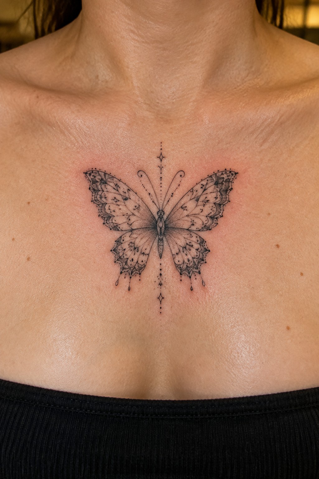 Fine-line butterfly tattoo with dotted ornamental details centered on the upper chest.