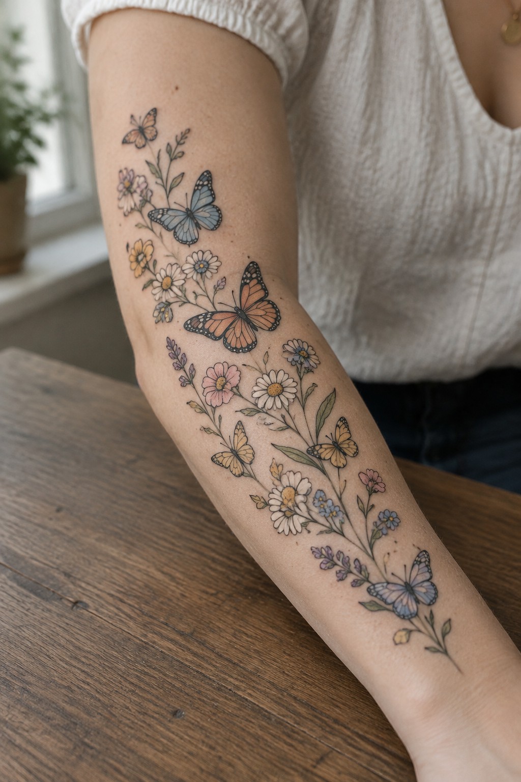 Colorful fine-line butterfly and wildflower tattoo extending from the upper forearm toward the wrist.