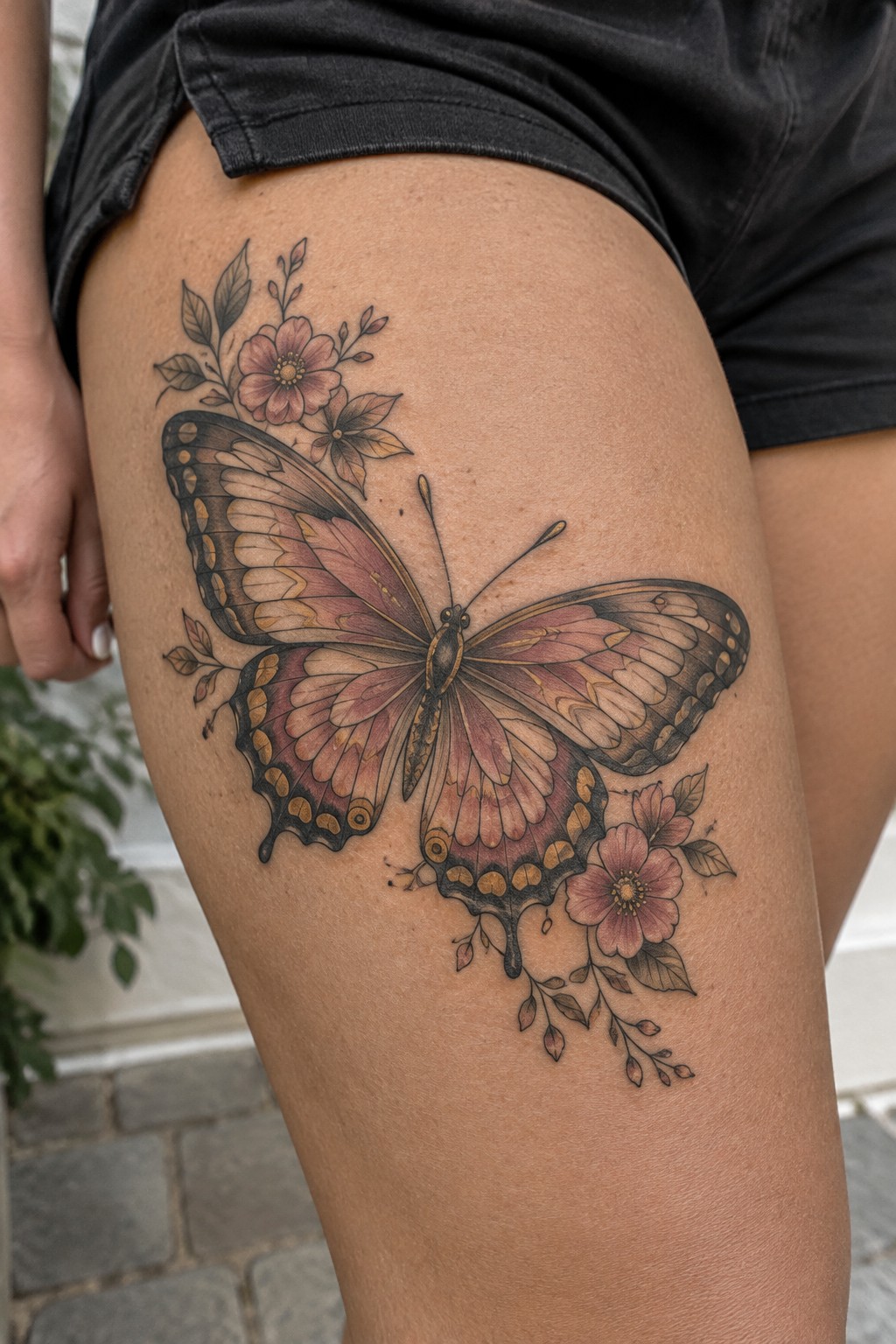 Large pink and black butterfly tattoo with small flowers and leafy branches on the upper thigh.
