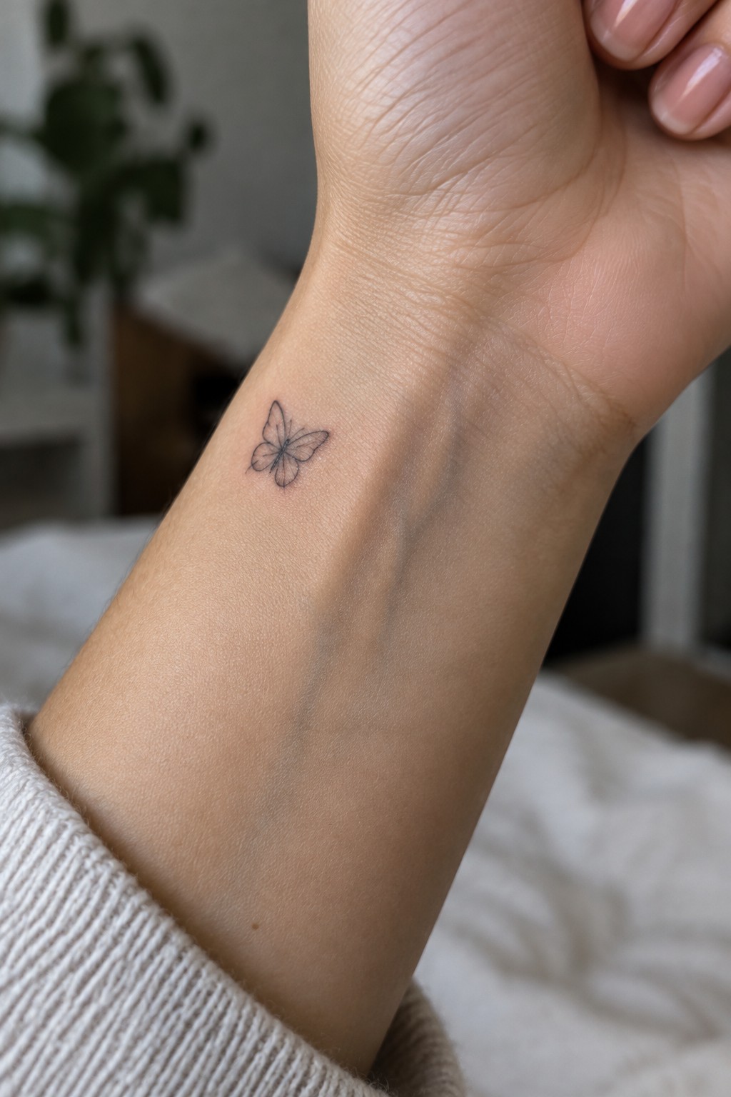 Small fine-line butterfly tattoo on the inner wrist.