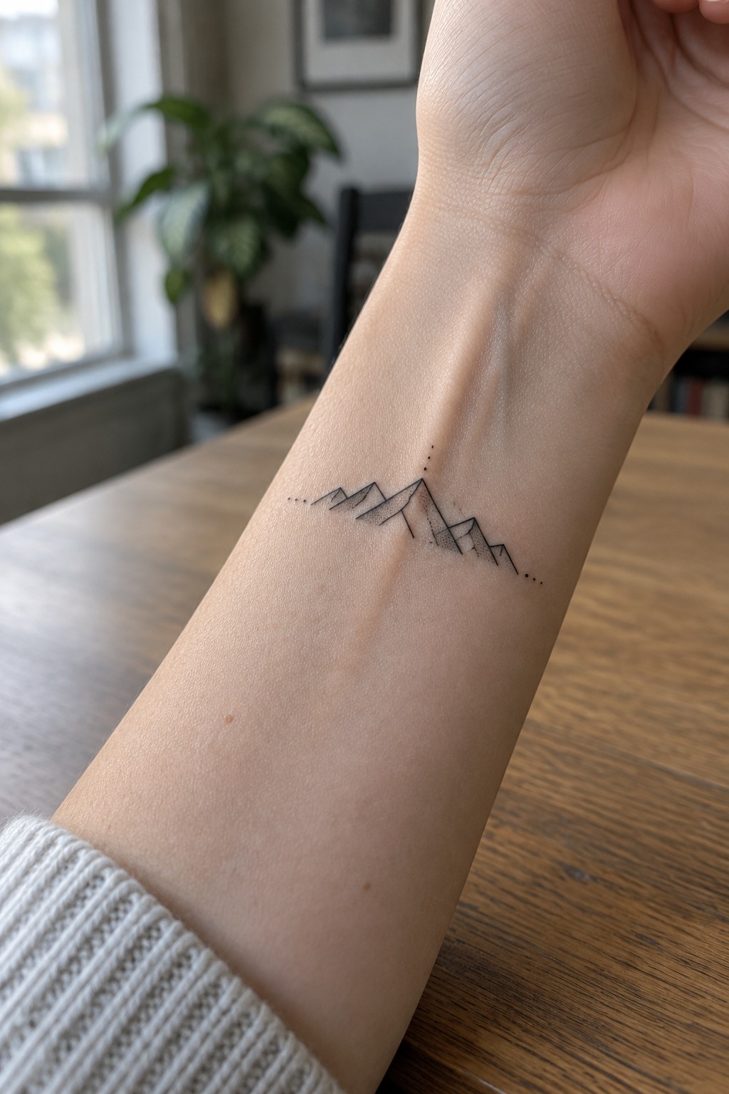 Small fine-line mountain range tattoo with dotted accents on the inner forearm.