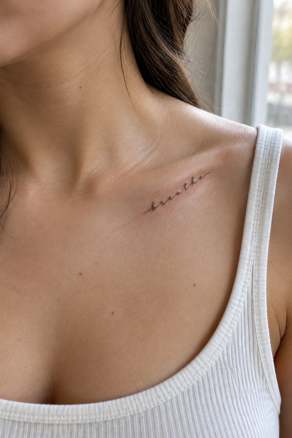 Small fine-line “breathe” script tattoo below a woman’s collarbone.