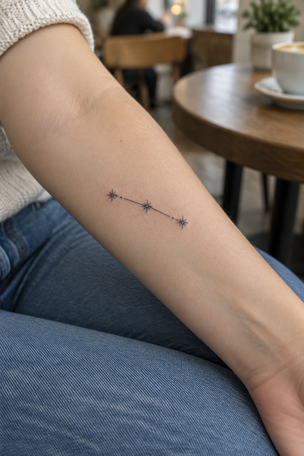 Small black fine-line constellation tattoo with three starbursts and connecting lines on the inner forearm.