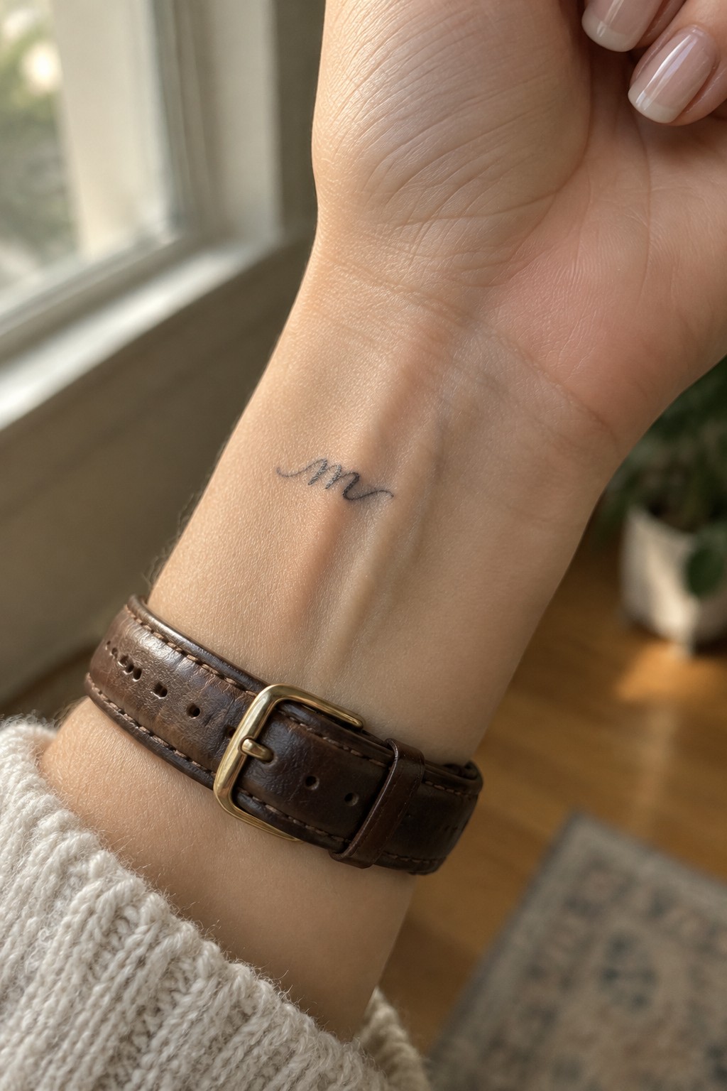 Small black heartbeat line tattoo on the inner wrist above a brown leather watch.