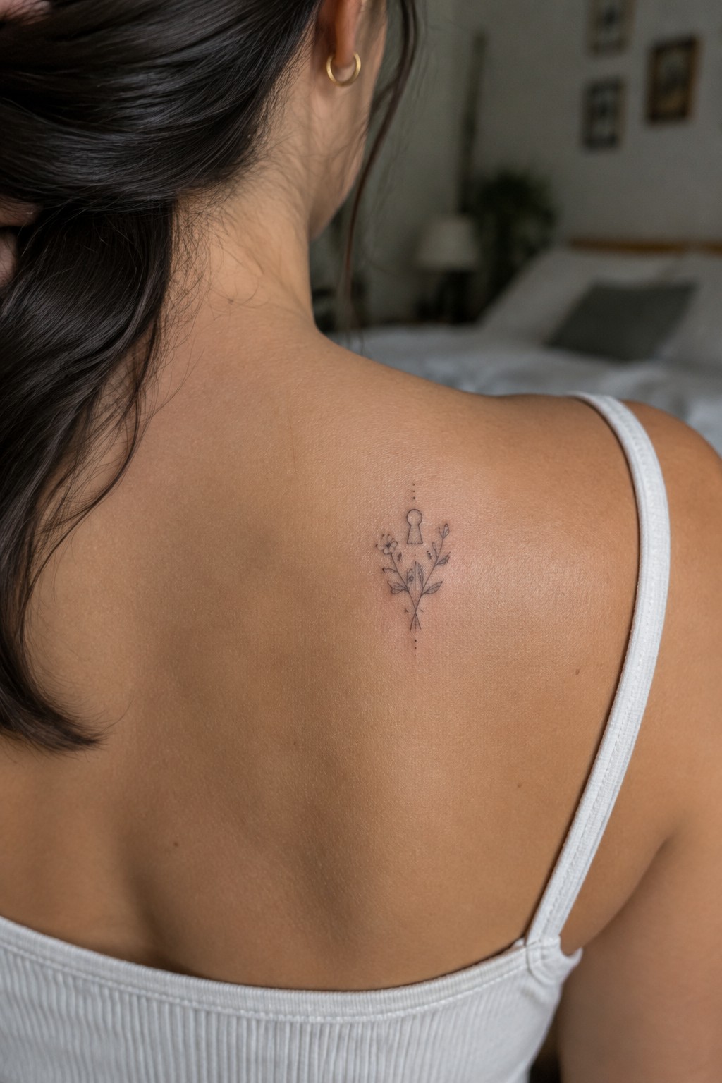 Small fine-line tattoo of a key above a delicate botanical sprig on a woman’s upper back.