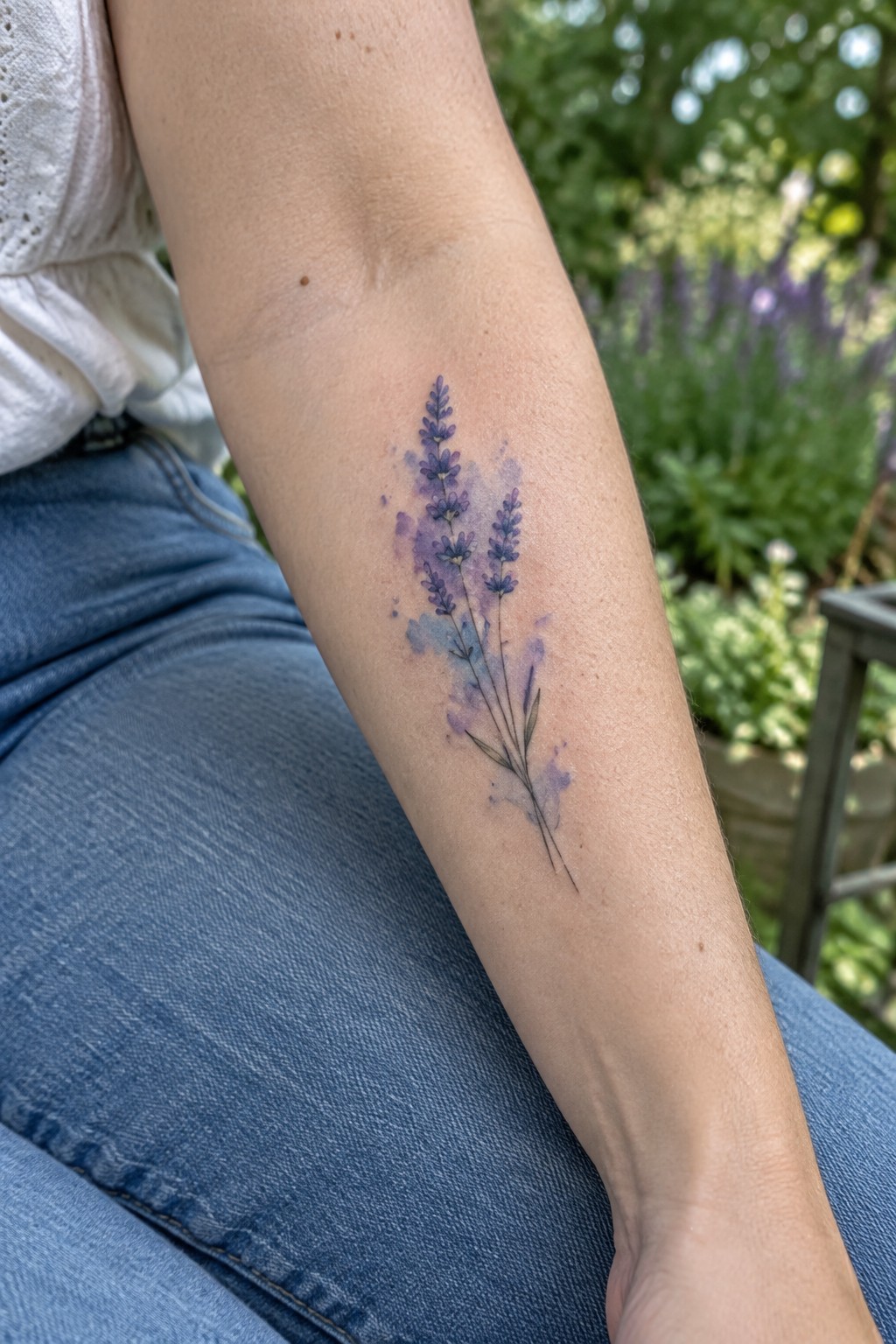 Small purple lavender sprig tattoo with fine black stems on the inner forearm.