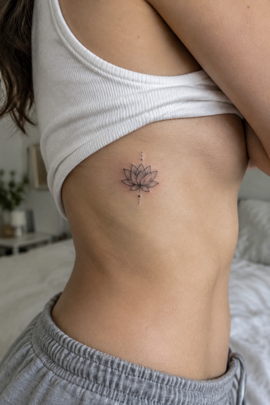 Small fine-line lotus tattoo with dotted accents on the side of a woman’s ribs.