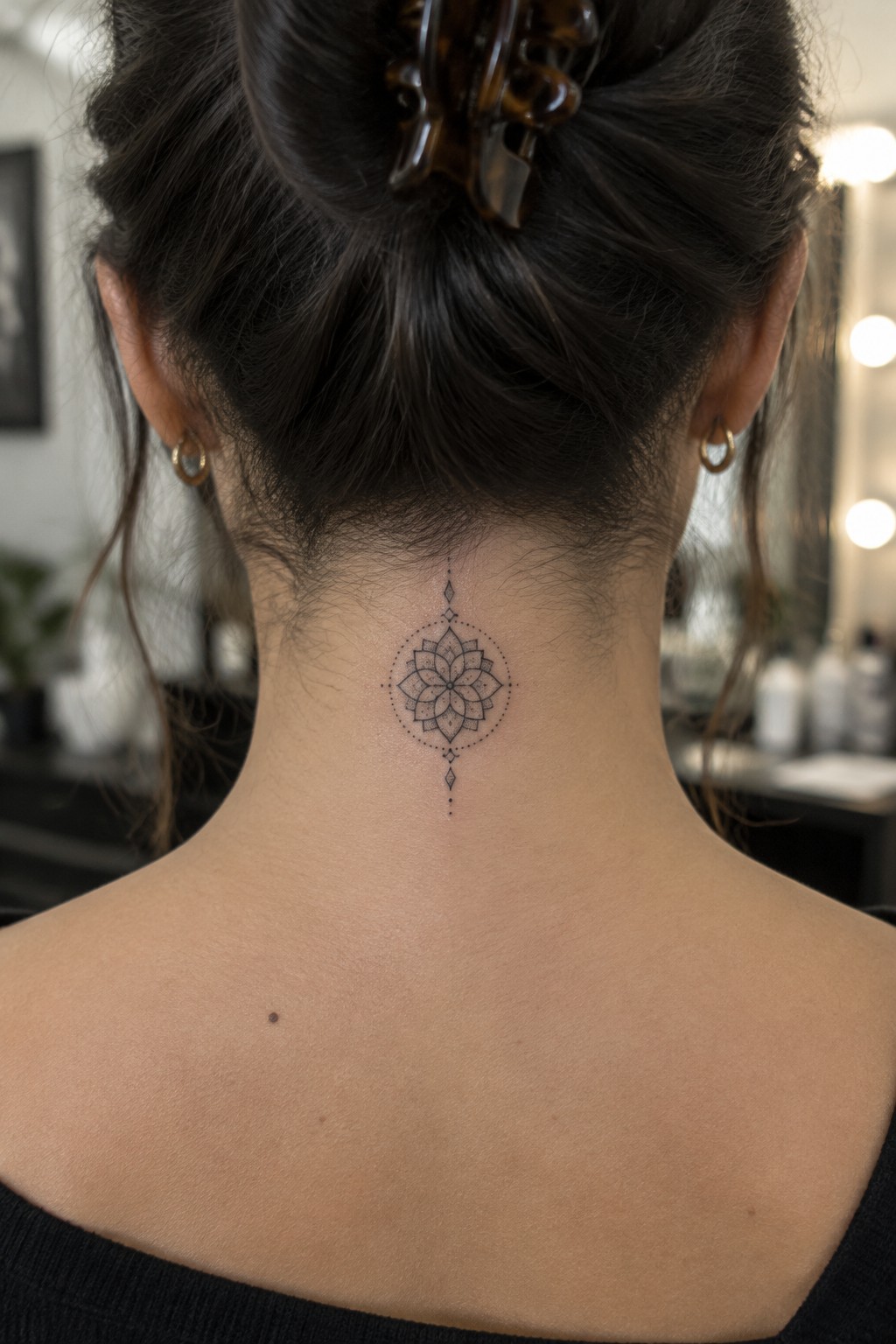Small black fine-line mandala tattoo with dotted details centered on the nape of a woman’s neck.